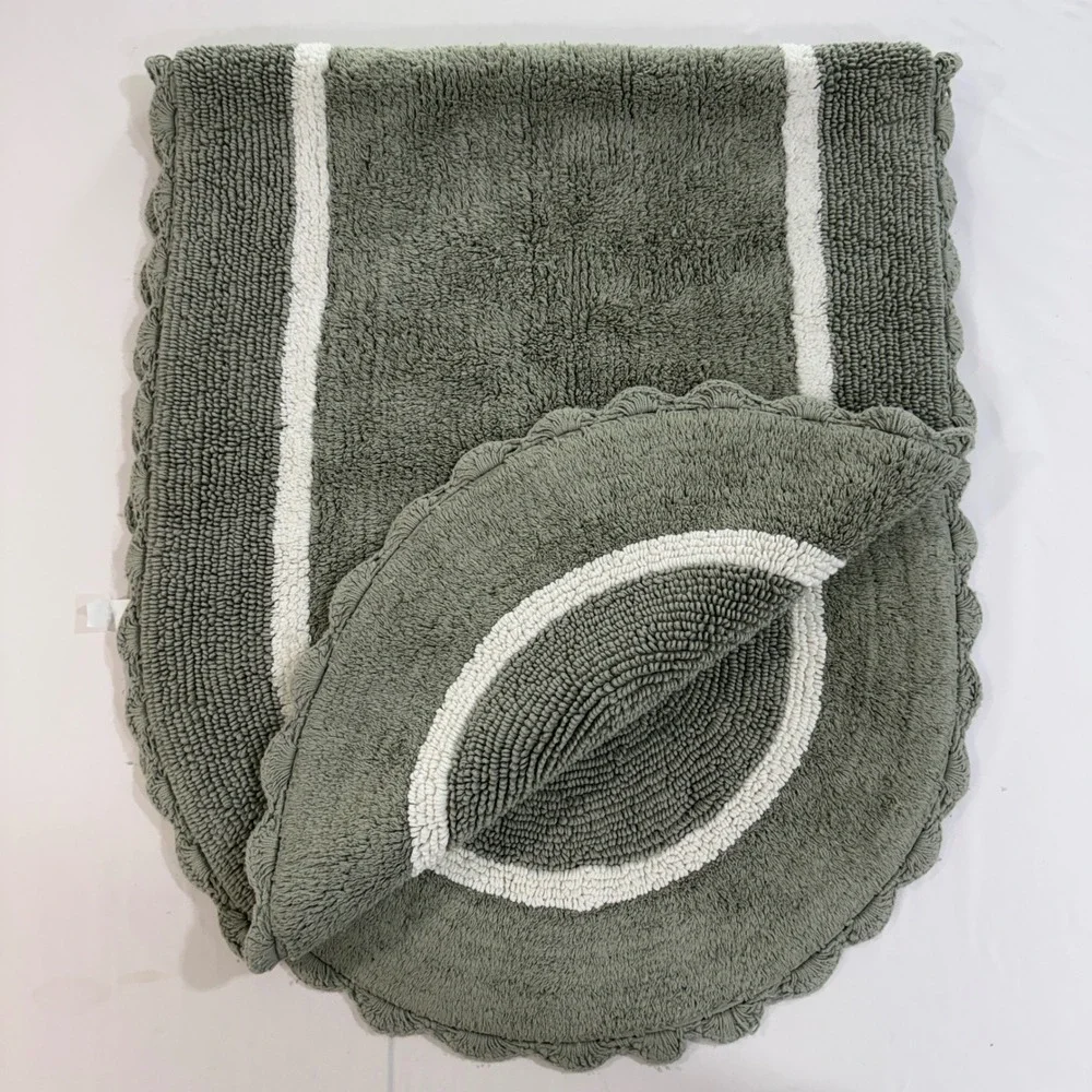 Shabby Chic Sage Green Cotton Bath Runner Rug 63x26 Scalloped Tufted Oval Border